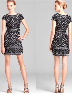 Adrianna Papell Black Silver Blue Geometric Beaded Sequin Dress